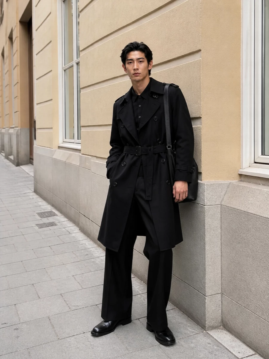 Burberry trench black wide leg trousers outfit