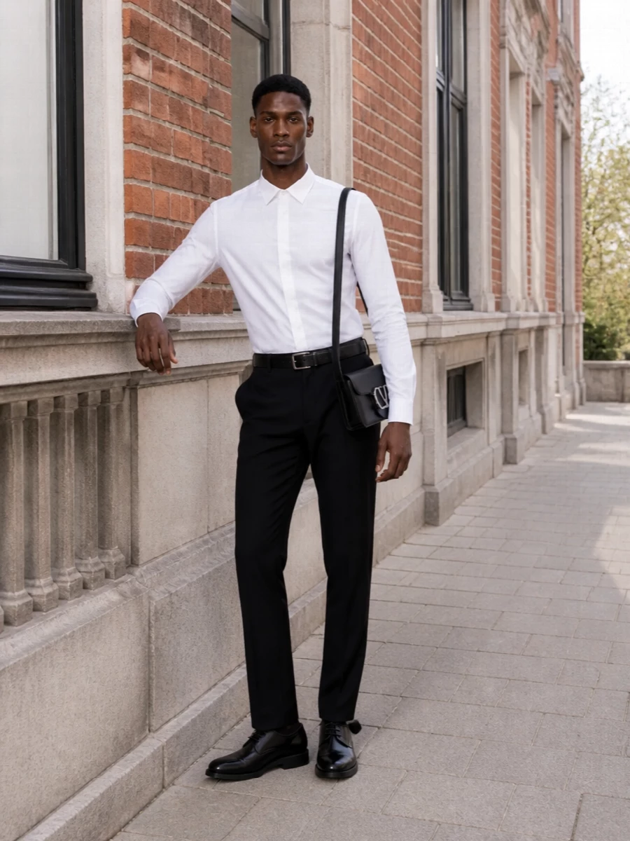 A crisp Valentino shirt is paired with slim black tailoring for a clean, boardroom-ready foundation that feels as sharp at 9 p.m. as it does at 9 a.m. Polished black derbies and a slim leather shoulder bag reinforce the monochrome discipline, while the strong silver belt buckle adds just enough definition at the waist. The result is precise, modern Italian formality with a restrained Parisian accent at the details.