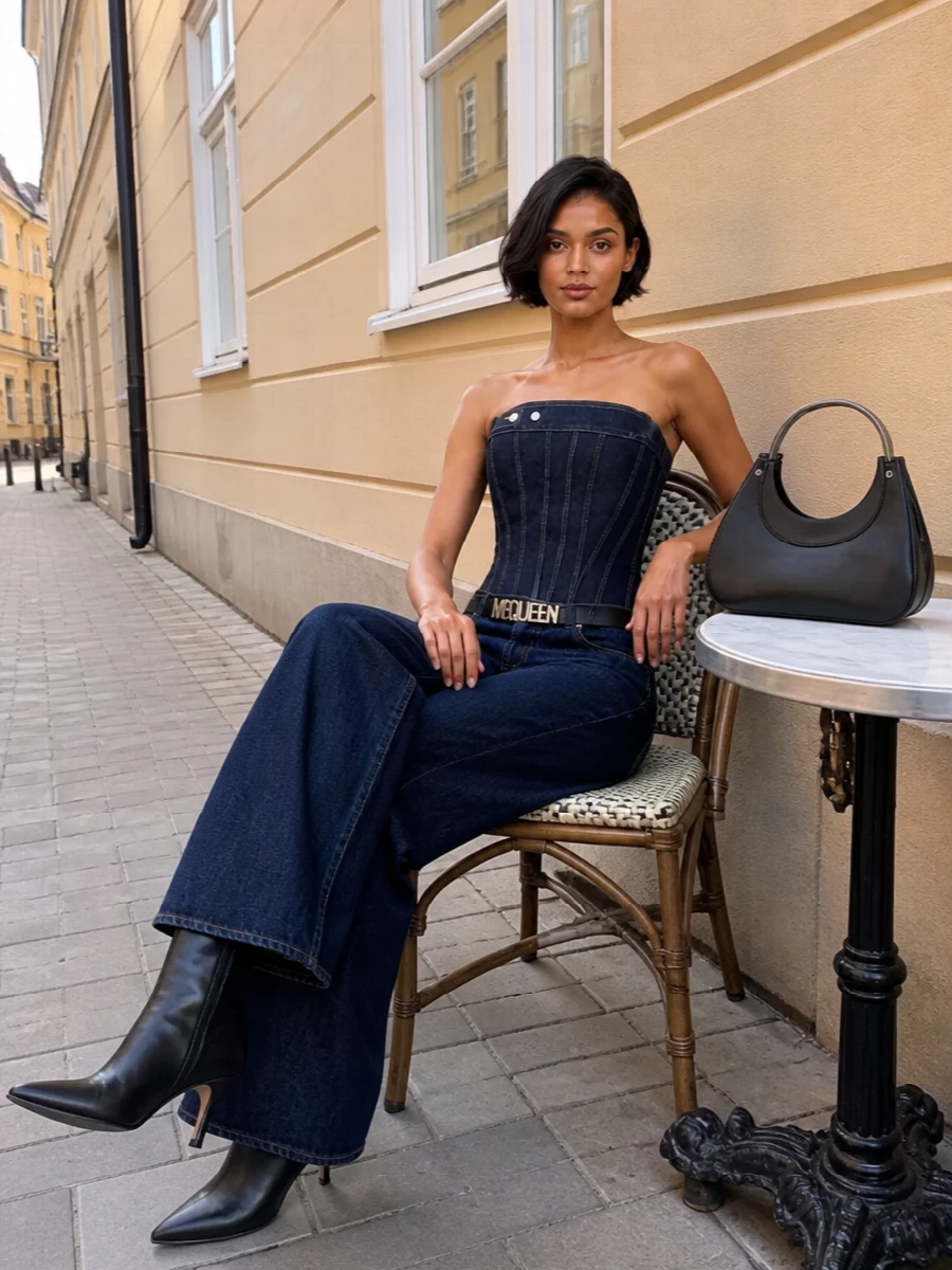 Mcqueen corset top dark wide leg jeans outfit