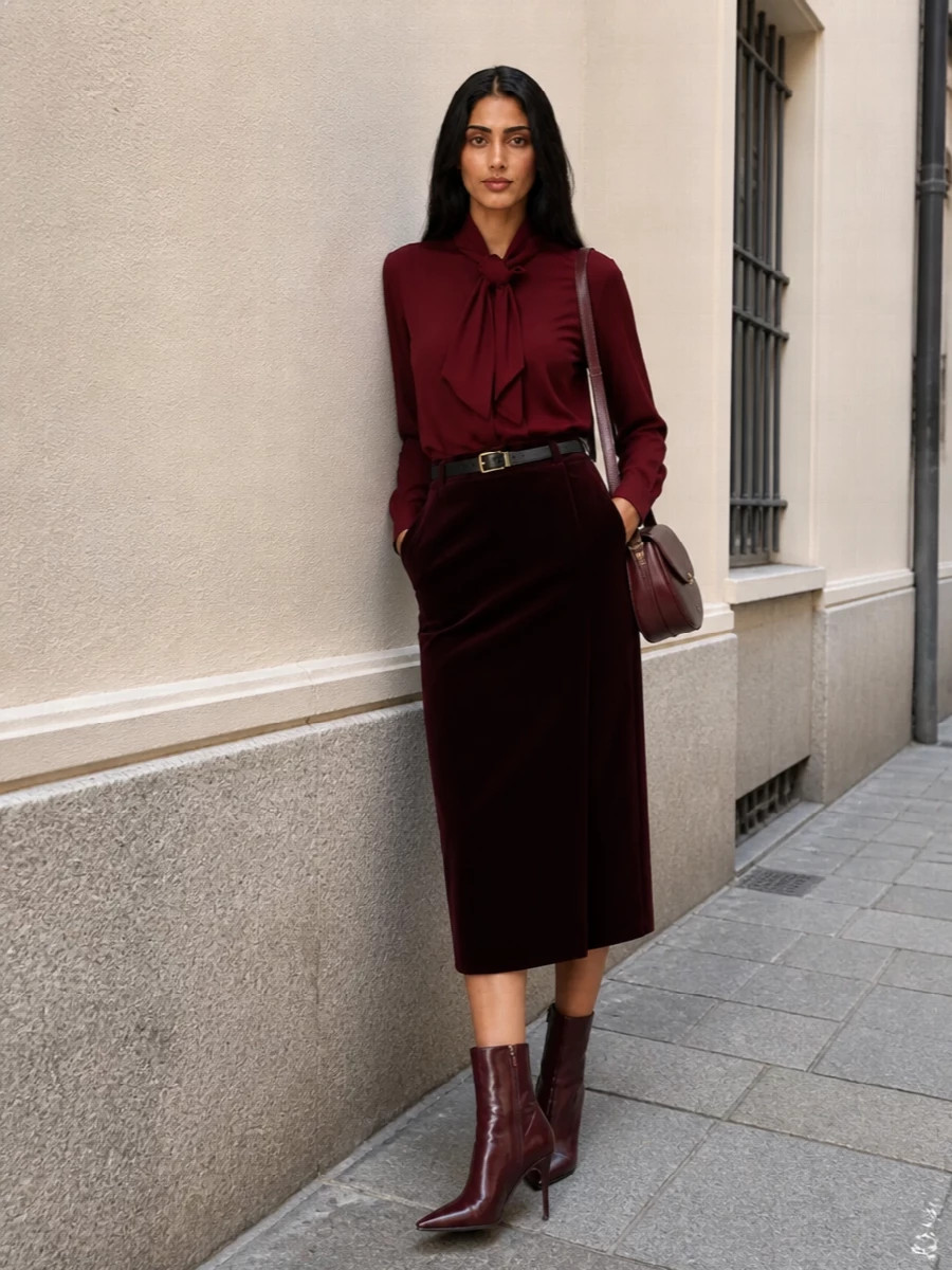 The look builds a deep, monochromatic wine column with the bow-neck Saint Laurent top and velvet midi pencil skirt, letting the sculptural neckline take center stage. Sleek burgundy ankle boots and a matching burgundy shoulder bag maintain the romantic, after-dark mood, while a slim black belt quietly sharpens the waist for a precise, Parisian finish. It’s an elegant FW dinner outfit that feels decadent but never loud.