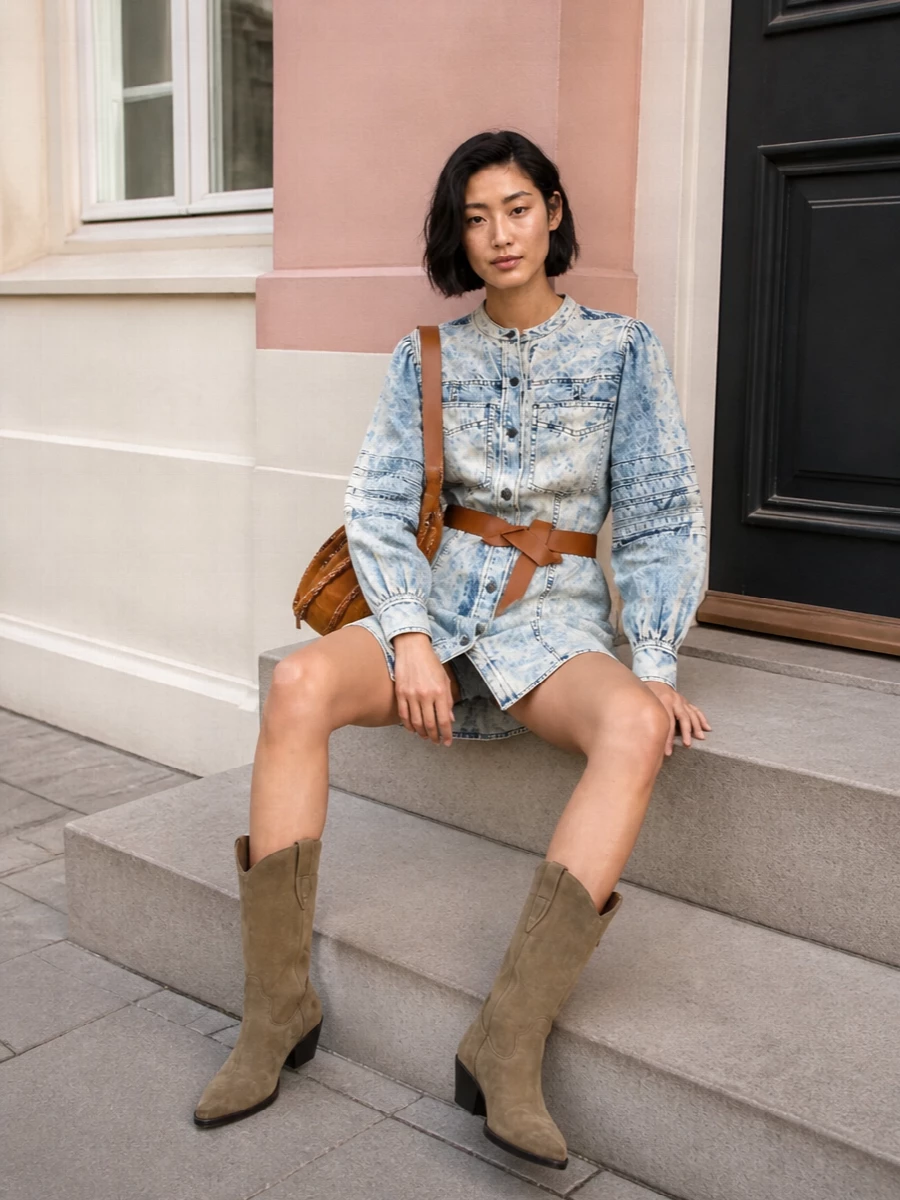 Isabel marant denim dress suede western boots