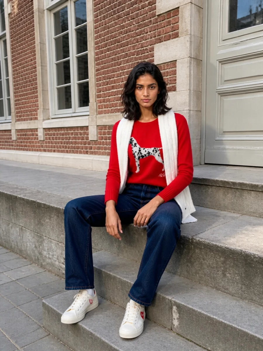 Lauren ralph lauren red jumper dark jeans outfit