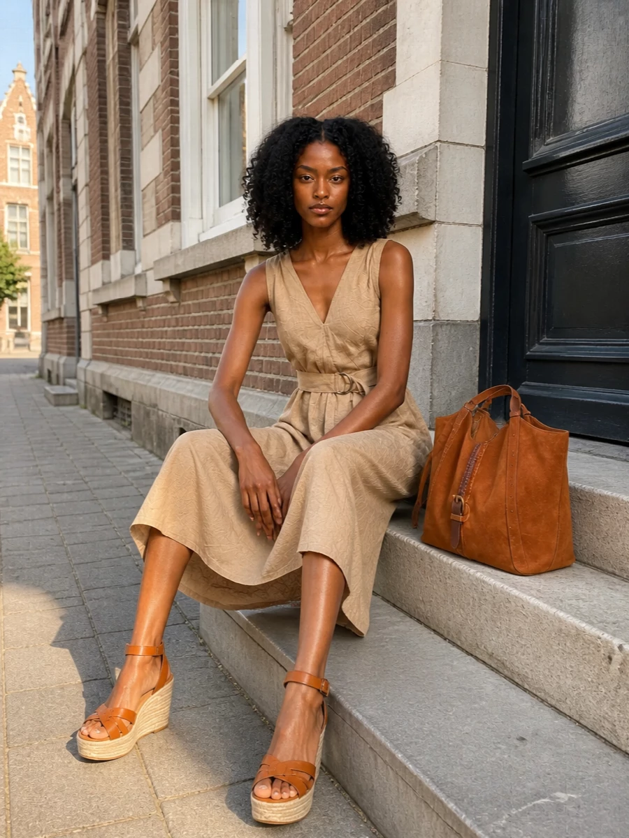 I chose the dress path, as the Brunello Cucinelli camel midi aligns perfectly with the bag’s sculpted suede and boho-quiet luxury mix while giving a clean, uninterrupted line. The tan Saint Laurent espadrille wedges pick up the bag’s cognac and brass notes, bringing a Riviera ease that still feels city-ready. Together, they create a warm, tonal summer outfit that feels polished but unforced for daytime plans that might drift into evening.
