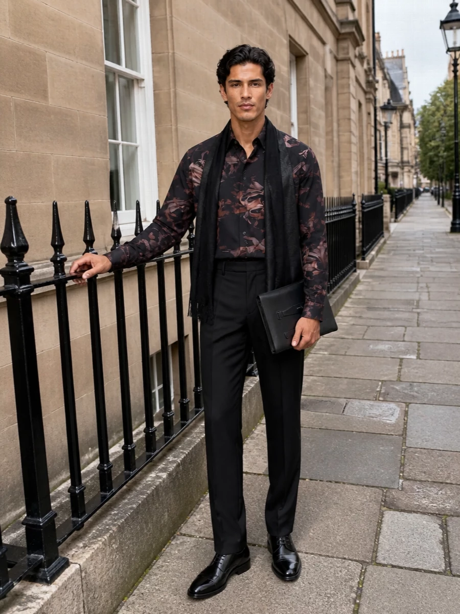 A dark floral shirt sits against precise black tailoring, giving the whole outfit a romantic charge without losing composure. Polished Derbies and a structured clutch keep it suited to gallery nights, intimate dinners, and low‑lit bars. The inky scarf adds a final, subtle note of drama that feels intentional rather than theatrical.