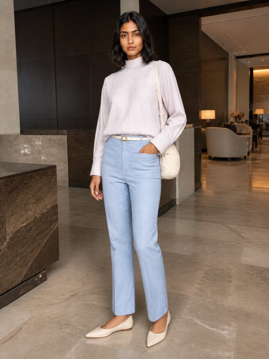 Victoria beckham pale blue jeans striped shirt