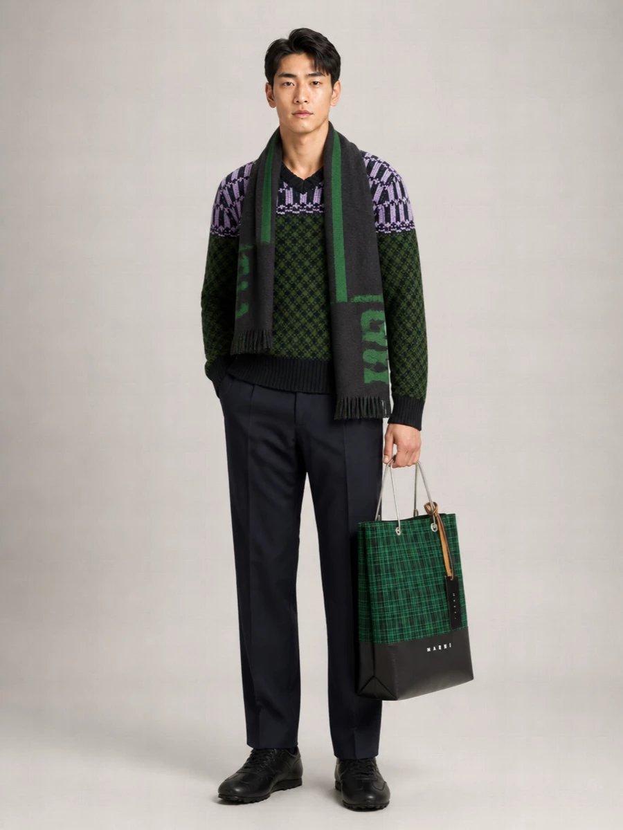 Marni Geometric Jacquard V-Neck Wool Sweater