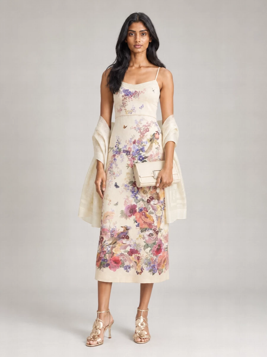 Zimmermann Linen Floral-Print V-Neck Midi Dress