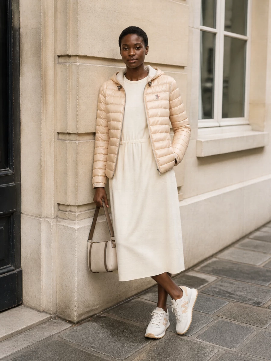 Moncler beige quilted parka ivory midi dress