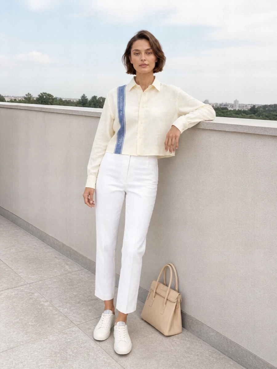 A cropped buttercream shirt meets gallery-white tailoring for a fresh, preppy take on summer polish. The clean ankle-length trouser grounds the graphic logo stripe, while tonal sneakers and a structured bag keep everything sharp yet relaxed. It is an easy uniform for city days when you want structure without feeling dressed up.