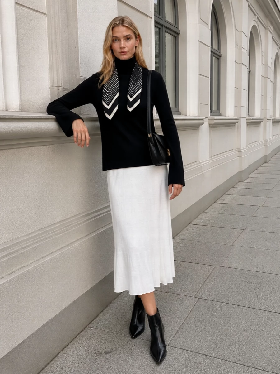 Toteme black turtleneck white midi skirt outfit