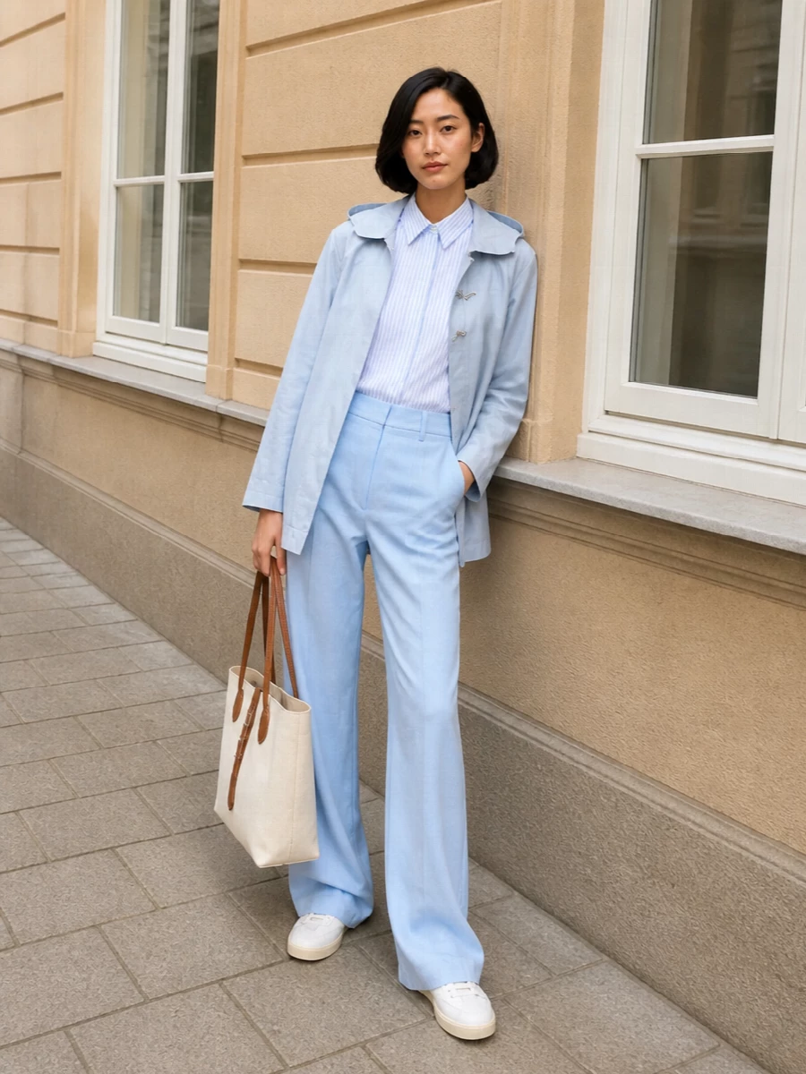 Fay blue coat striped shirt wide leg pants