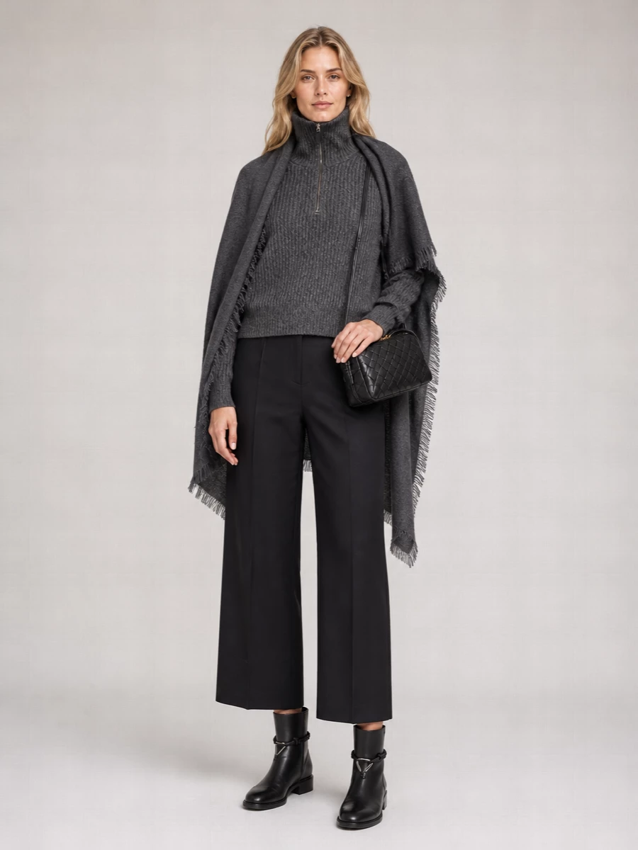 Vince Merino Wool Ribbed Cropped Zip-Collar Sweater