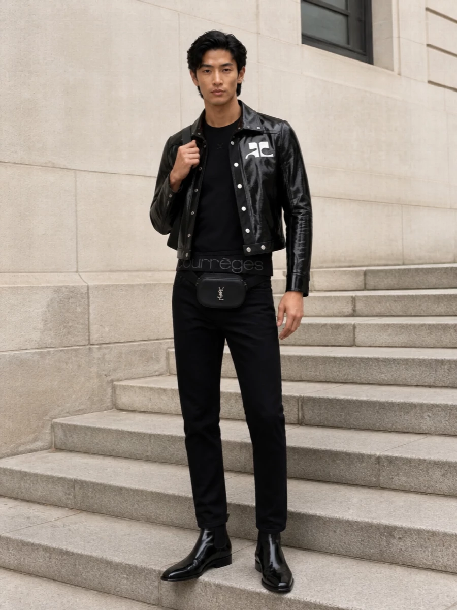 Courreges jacket saint laurent black trousers outfit