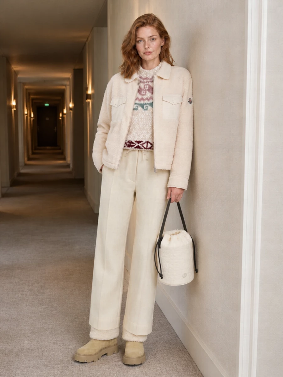 Moncler teddy jacket cream knit trousers outfit