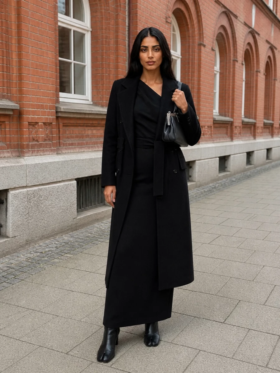 Max mara black coat column evening gown outfit