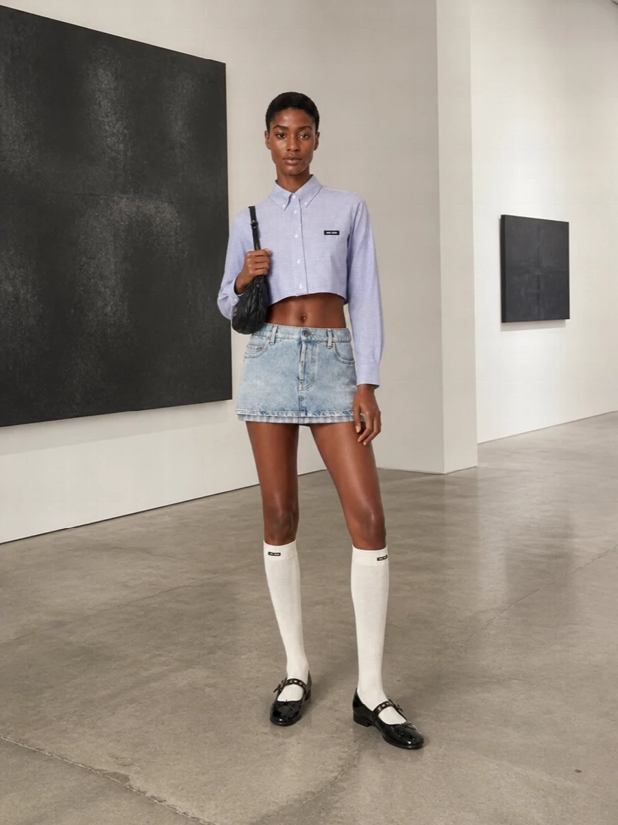 Miu miu micro denim skirt outfit mary janes