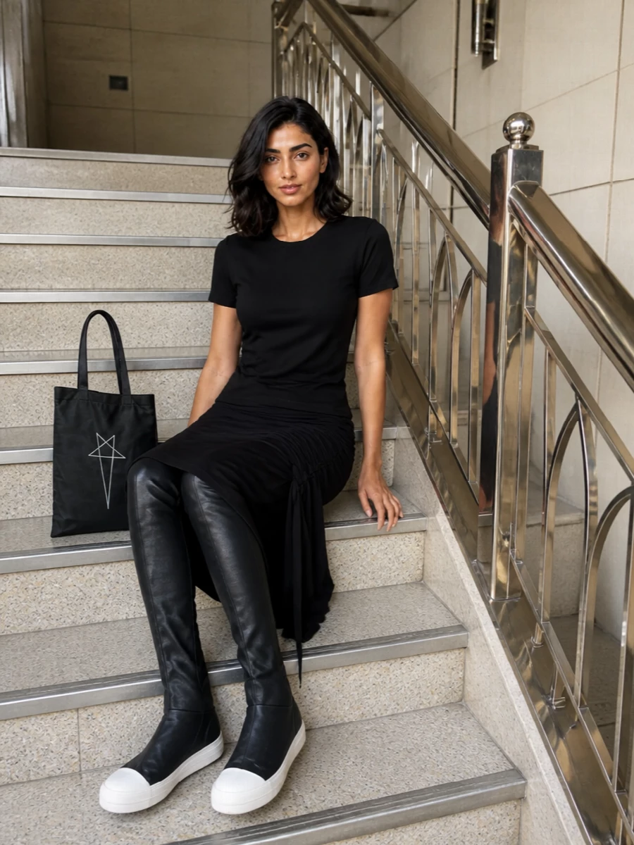 Rick owens drkshdw black tee ruched maxi outfit