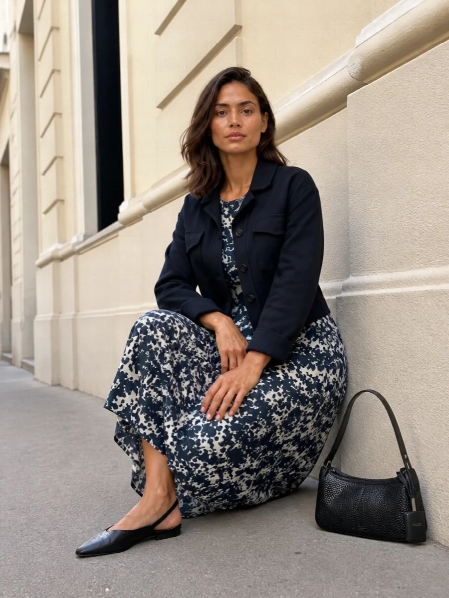 Max mara navy jacket printed midi dress outfit