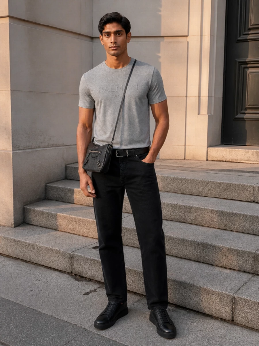 Balmain grey tee black jeans sneakers
