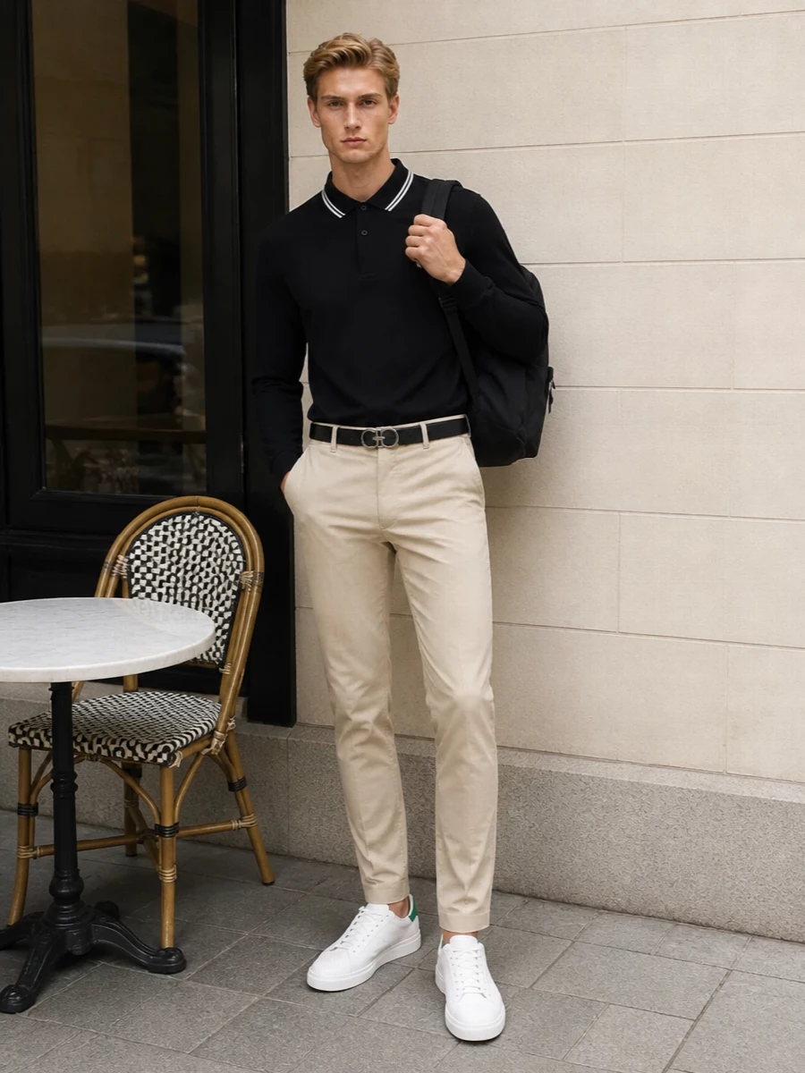 A black long sleeve polo meets light beige tapered chinos for a clean, preppy take on casual days. White leather sneakers and a discreet Ferragamo belt keep everything sharp without feeling dressed up. A minimal A.P.C. backpack finishes it with easy city practicality that still reads considered.