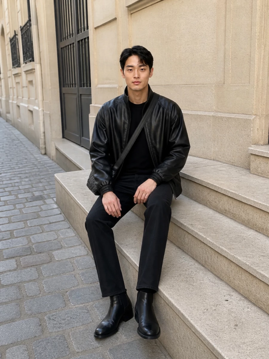 Acne leather jacket black trousers boots