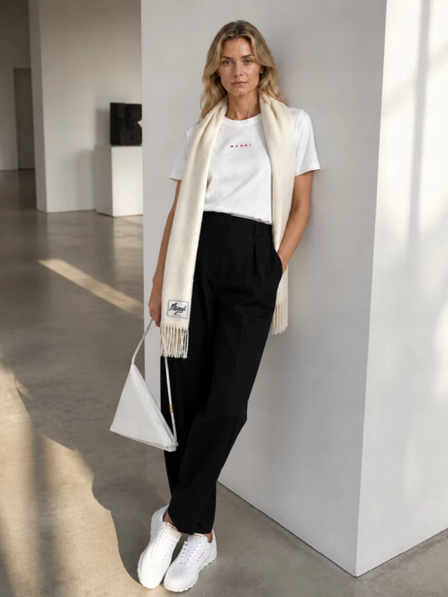 A crisp white Marni tee sits against sculptural black tailored trousers for a clean, quietly confident line. White logo sneakers keep it relaxed but precise, while the triangular shoulder bag and ivory scarf bring subtle, artful structure. It is an understated monochrome pairing that moves easily from office hours to low-key evenings without ever feeling over-styled.
