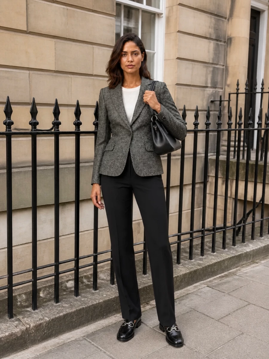 This is a precision-cut trouser-and-blazer ensemble that leans into sharp lines and a restrained black and charcoal palette to echo the Gucci loafers’ quiet authority. The herringbone Dior jacket sculpts the waist above The Row’s elongated trousers, giving tailored impact without visual noise. The structured Margiela bag with silver hardware completes the boardroom-to-evening mood while staying firmly in a minimalist, high-tier universe.