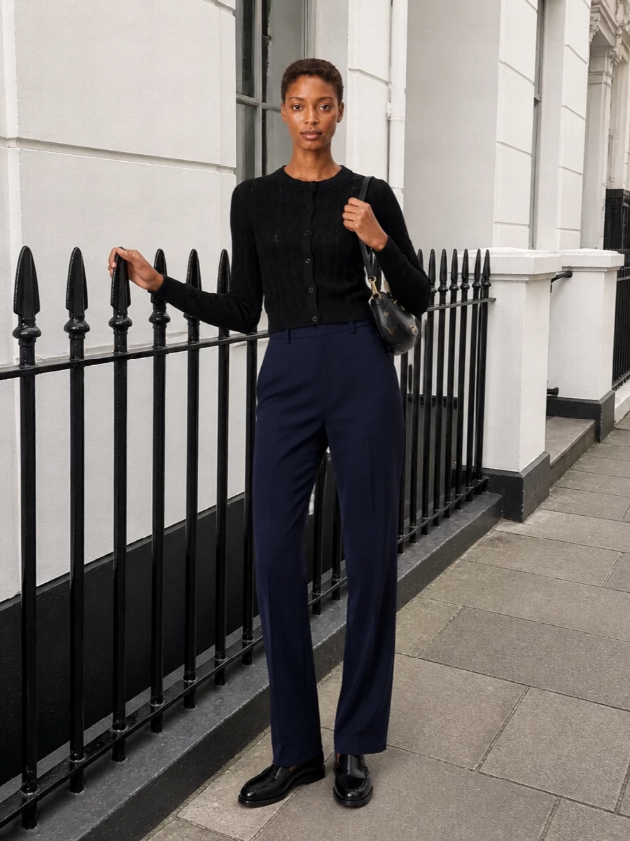 Ralph lauren black cardigan navy trousers outfit