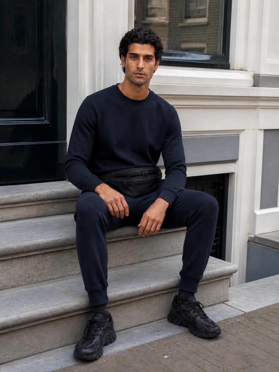 Jw anderson navy sweatshirt k way joggers outfit