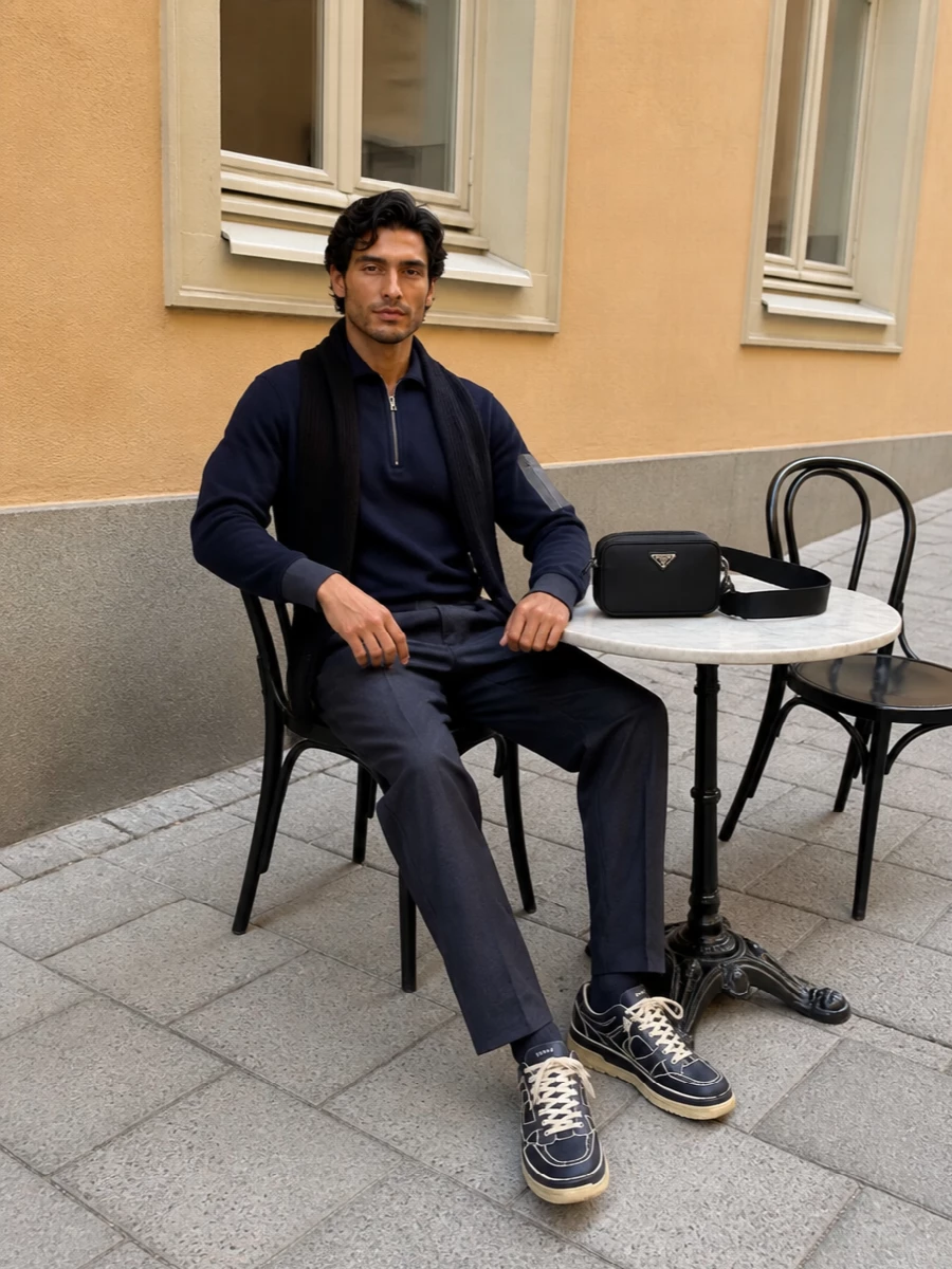 Sacai navy sweatshirt tapered trousers sneakers