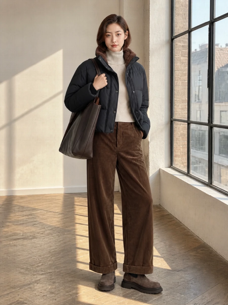 Brunello cucinelli puffer corduroy trousers outfit