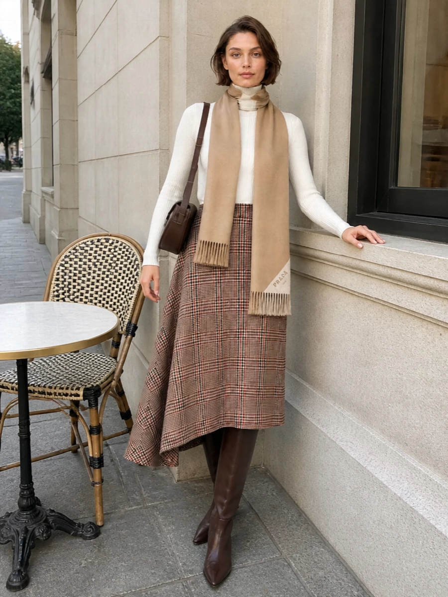Patou plaid midi skirt knit top brown boots