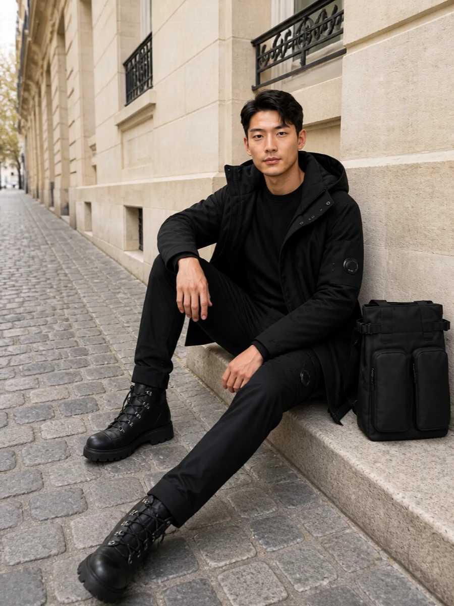 A head to toe black technical story keeps the C.P. Company parka as the quiet anchor, with matching lens details running through the sweatshirt and cargo. The Hogan boots and Rains pack add real winter function without breaking the minimalist line, giving a city ready uniform that feels considered but unfussy. It is built for cold commutes and long days outside where utility, comfort and a sharp silhouette all matter equally.