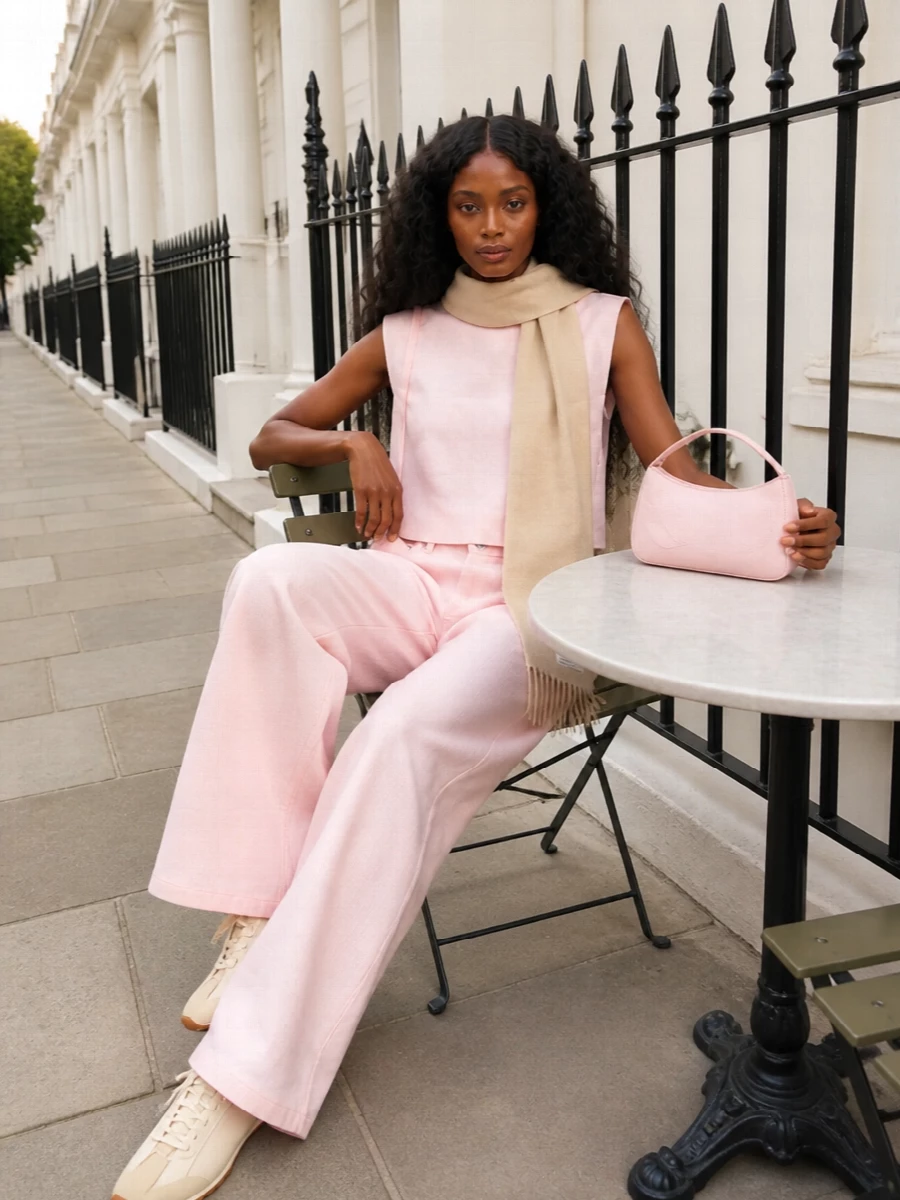 Jacquemus pink shell wide leg jeans sneakers