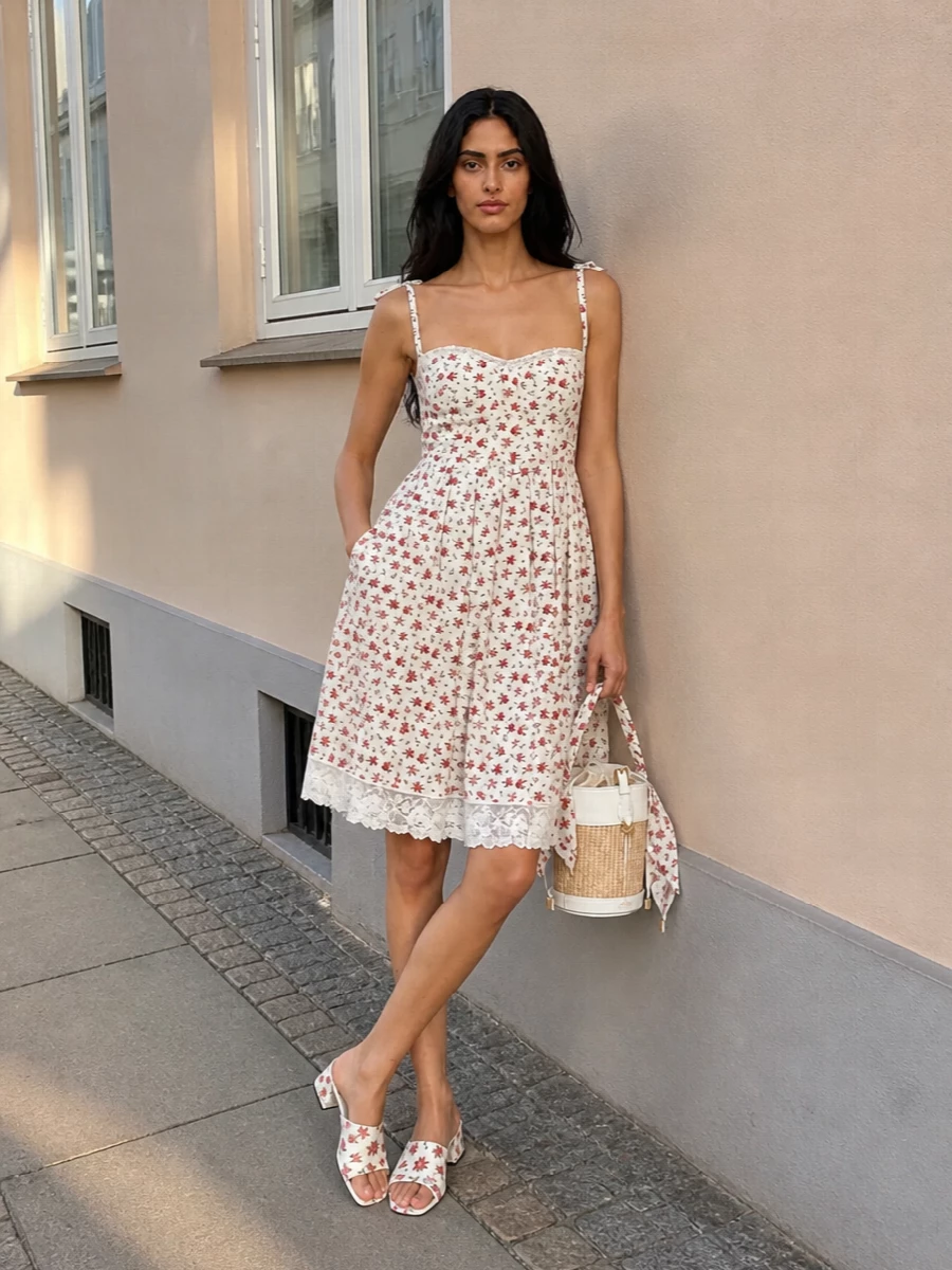 A Sicilian garden-party story: the floral sundress stays centre stage, grounded with a mid-heel rose slide that feels polished but still walkable on grass and cobblestones. The raffia bucket bag and silk scarf add sunlit, boho texture and soft colour, keeping the mood romantic and relaxed from lunch to late-afternoon cocktails.