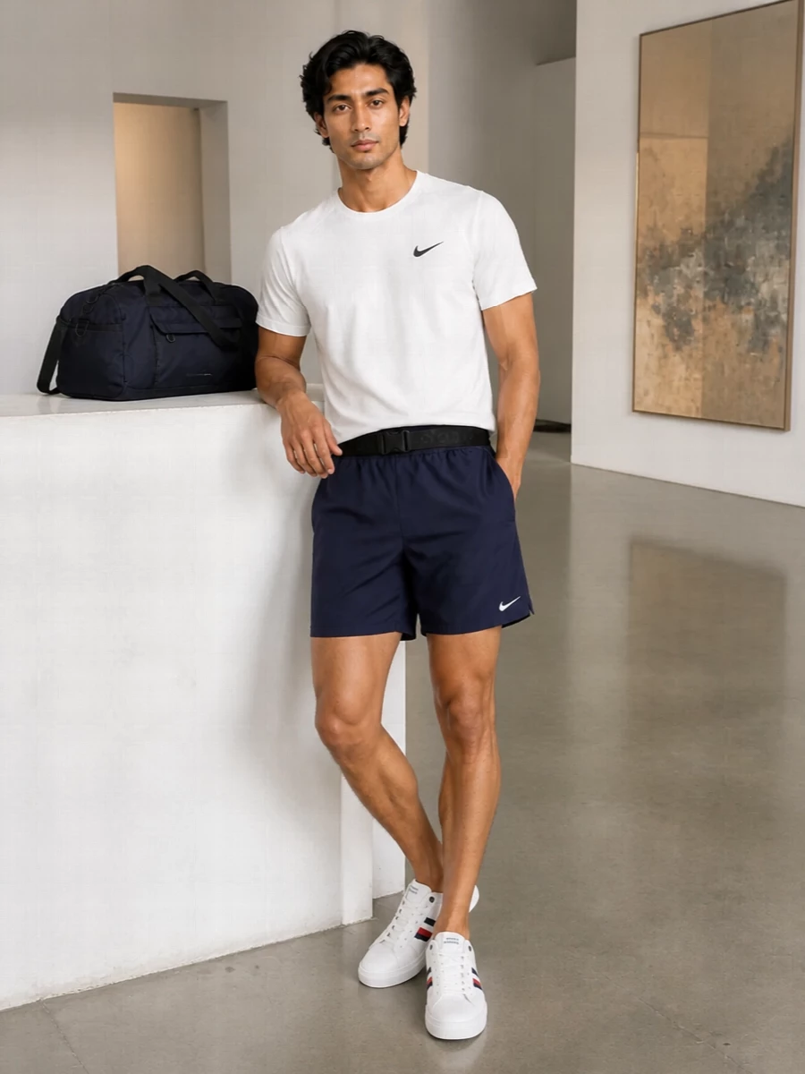 Nike navy training shorts white tee outfit
