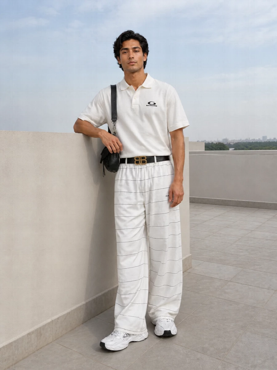 Balenciaga striped trousers white polo sneakers