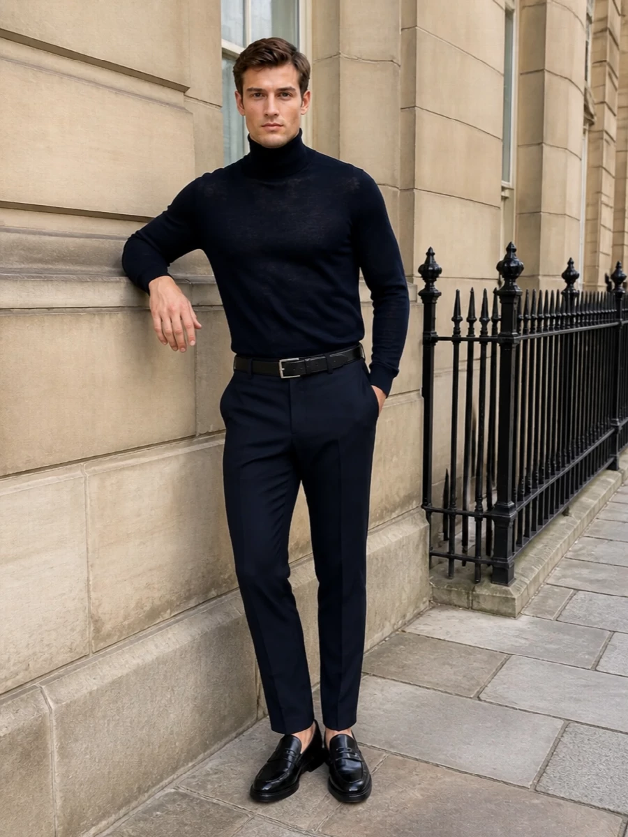 Paul smith navy trousers turtleneck prada bag