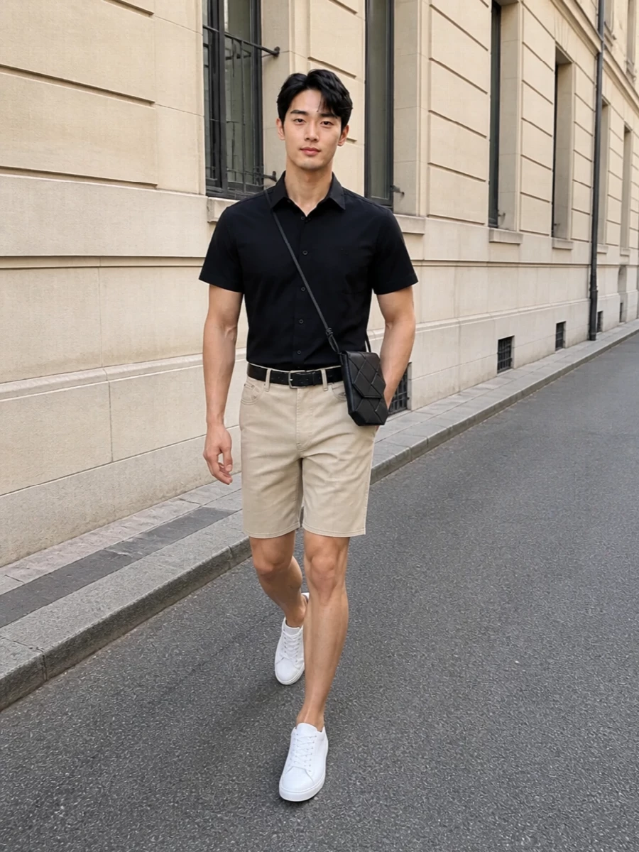 Burberry black shirt chino shorts outfit