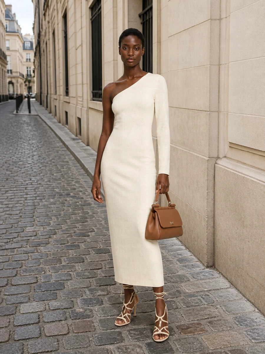 A buttercream Gucci column dress and camel Dolce&Gabbana top‑handle bag create a quietly formal evening ensemble grounded in warm neutrals and clean lines. The one-shoulder silhouette brings just enough drama while staying understated, and the Manolo ankle‑wrap sandals keep the mood light, elongating the leg and echoing the dress’s soft tone. Choosing the dress route over separates lets the bag and jewelry speak as the refined accents rather than competing with tailoring details.