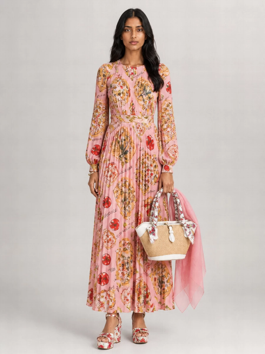 Dolce&Gabbana Silk Bread Print Pleated Maxi Dress