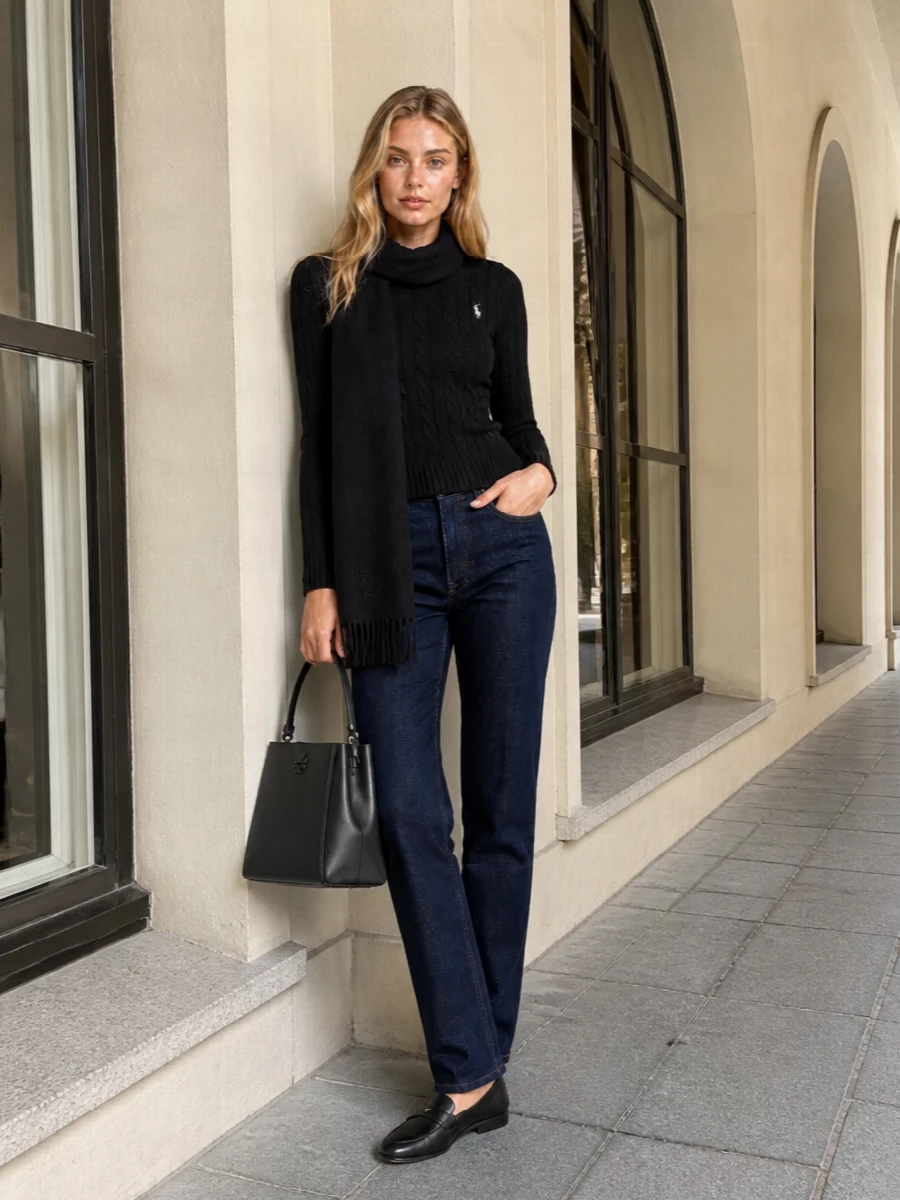 Ralph lauren black cable knit dark jeans outfit