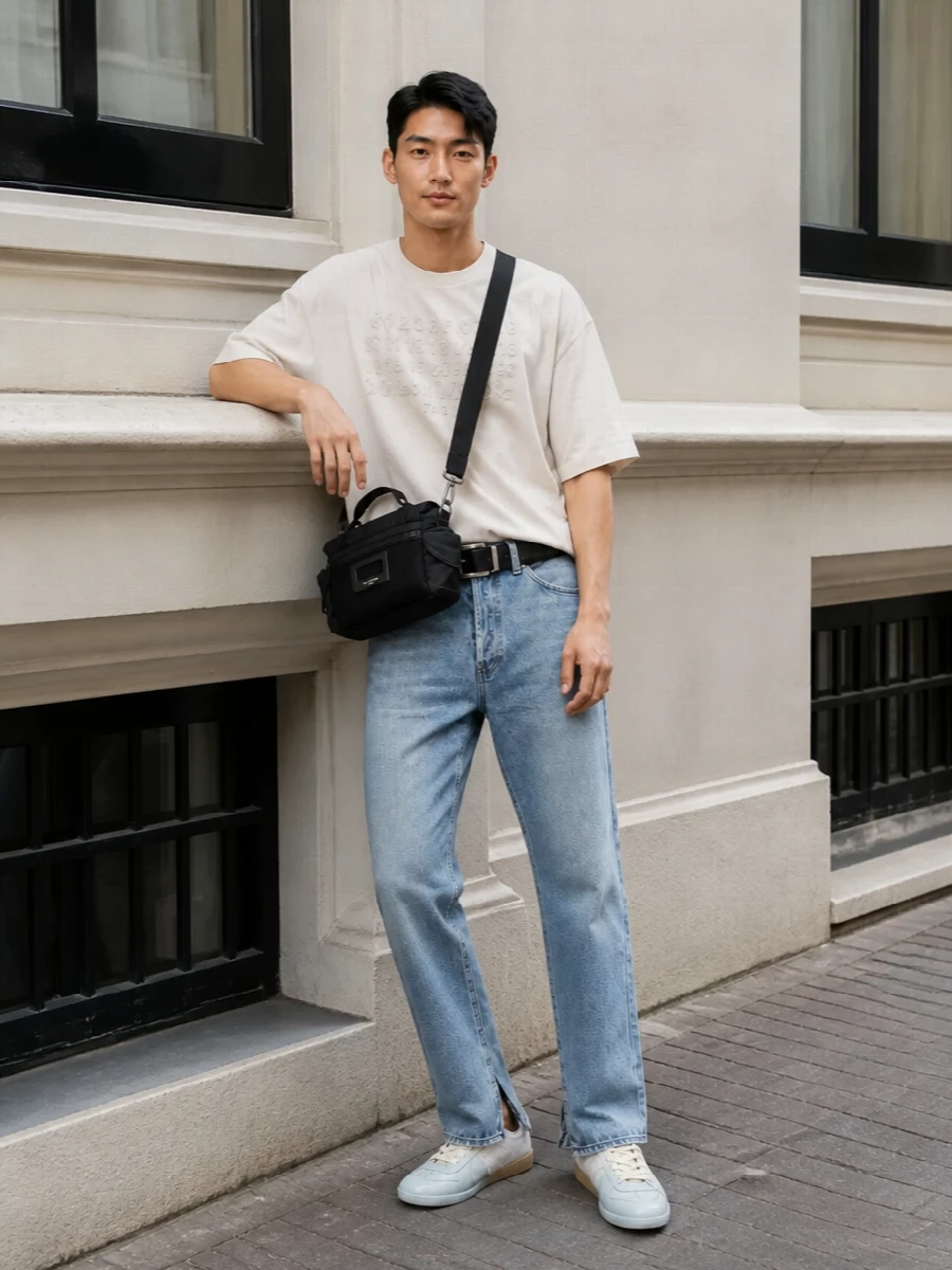 Light-wash Margiela denim with ankle slits sets an easy, art-studio mood, paired with a washed oversized numeric tee that keeps everything soft and intentionally undone. Dip-dyed off-white and pale blue sneakers echo the denim tones, while a structured black crossbody and clean technical belt add just enough structure and contrast to feel composed rather than casual. The result is relaxed, quietly graphic and ready for city days that move between coffee, galleries and late dinners.
