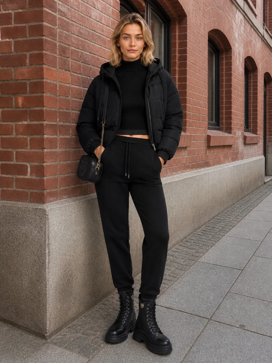 I’m building this fully around the puffer’s casual street energy, so we stay in a sweatshirt-and-jogger territory rather than forcing a dress. The cropped mock-neck, slim joggers and chunky lace-up boots create a clean, monochrome column under the jacket, with the compact camera bag adding just enough logo detail without fighting the hardware. It reads like a sharp, city-ready off-duty uniform that is practical for cold days but still feels considered from head to toe.