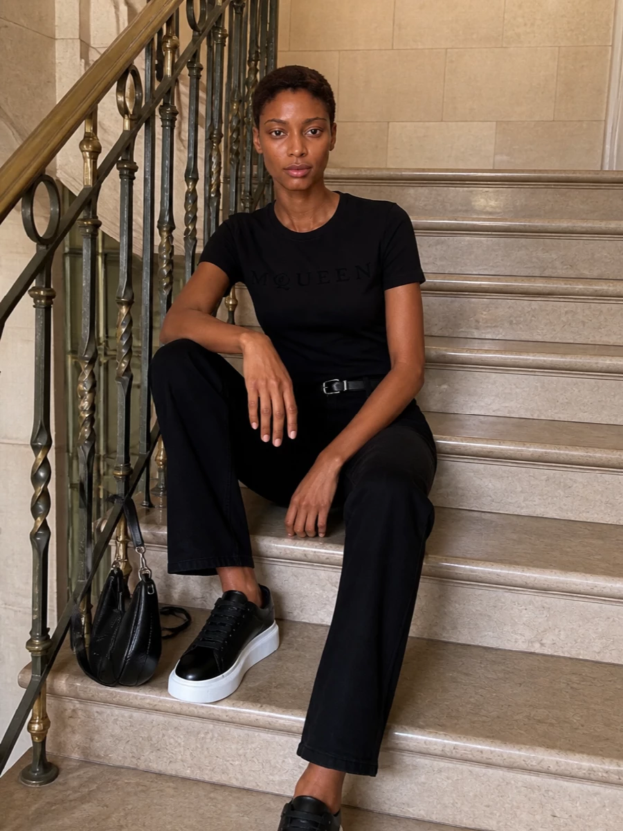 Alexander mcqueen logo tee black trousers outfit