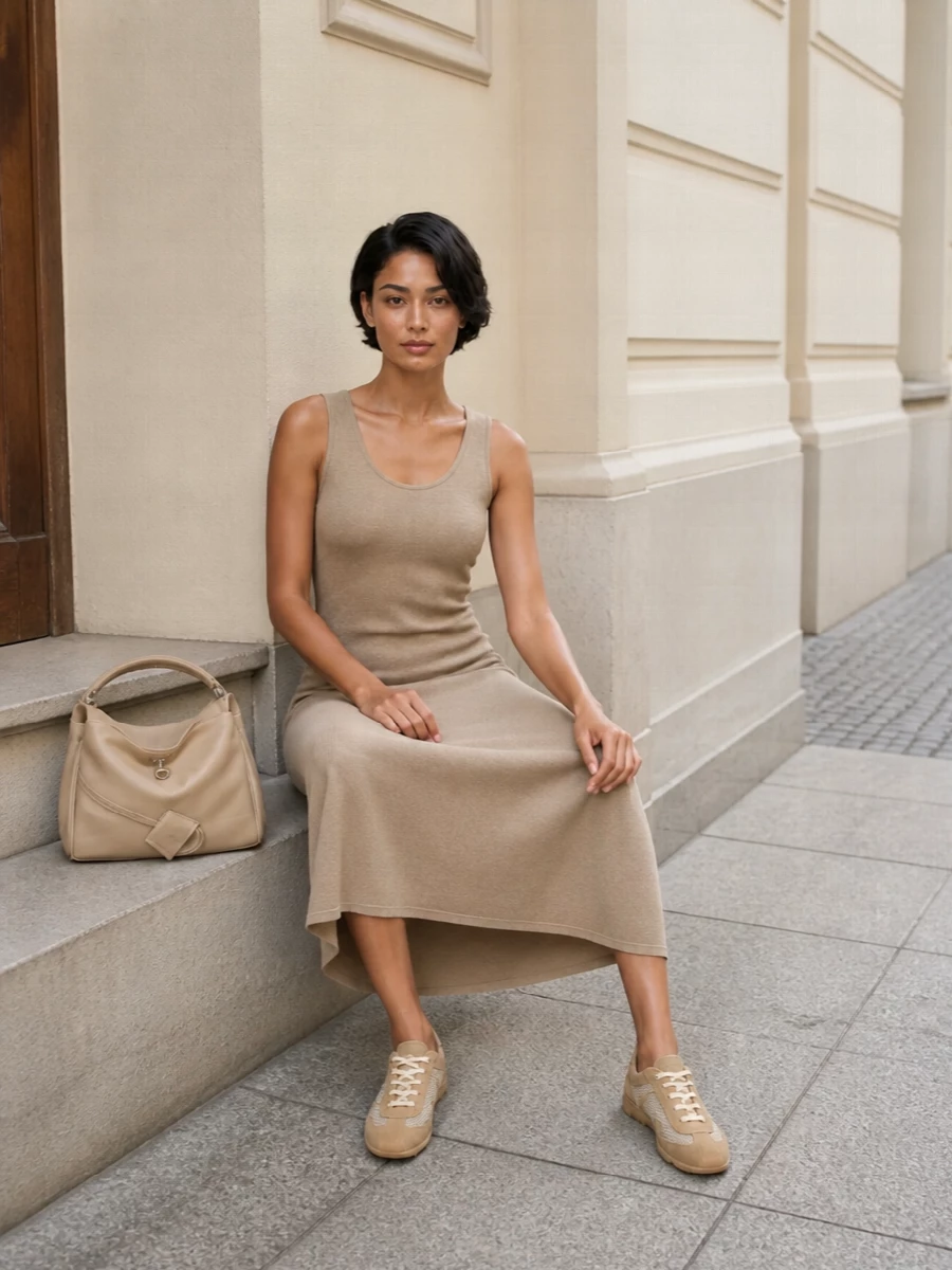 The warm beige knit midi from The Row builds a clean, elongated column that lets the sand Prada sneakers feel intentional rather than purely sporty. Softly tonal neutrals keep the outfit minimal and quietly refined, while the structured nude-beige Balenciaga bag introduces just enough definition to carry it through city days and low-key dinners. Choosing the dress path over separates keeps the silhouette simple and fluid, which best suits the sneaker’s slim, low-profile design.