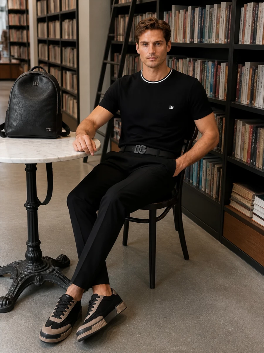 A clean black DG tee sits over jet-black tailored trousers for a monochrome base that reads precise rather than formal. Black sneakers with subtle contrast and a structured leather backpack keep the mood urban, logo-aware and quietly polished. The DG belt is the only extra accent, reinforcing the branding while keeping the whole composition crisp and minimal.