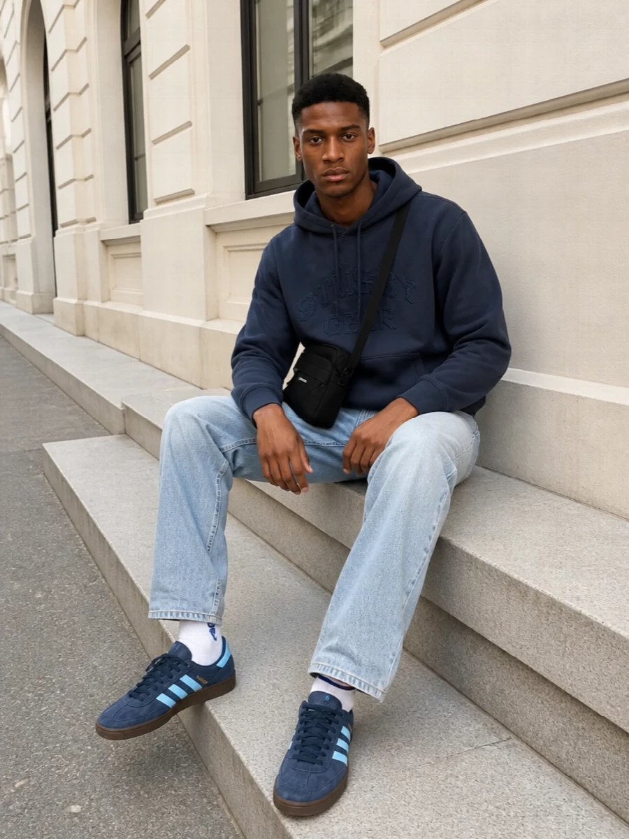 Stussy hoodie light wash jeans adidas sneakers