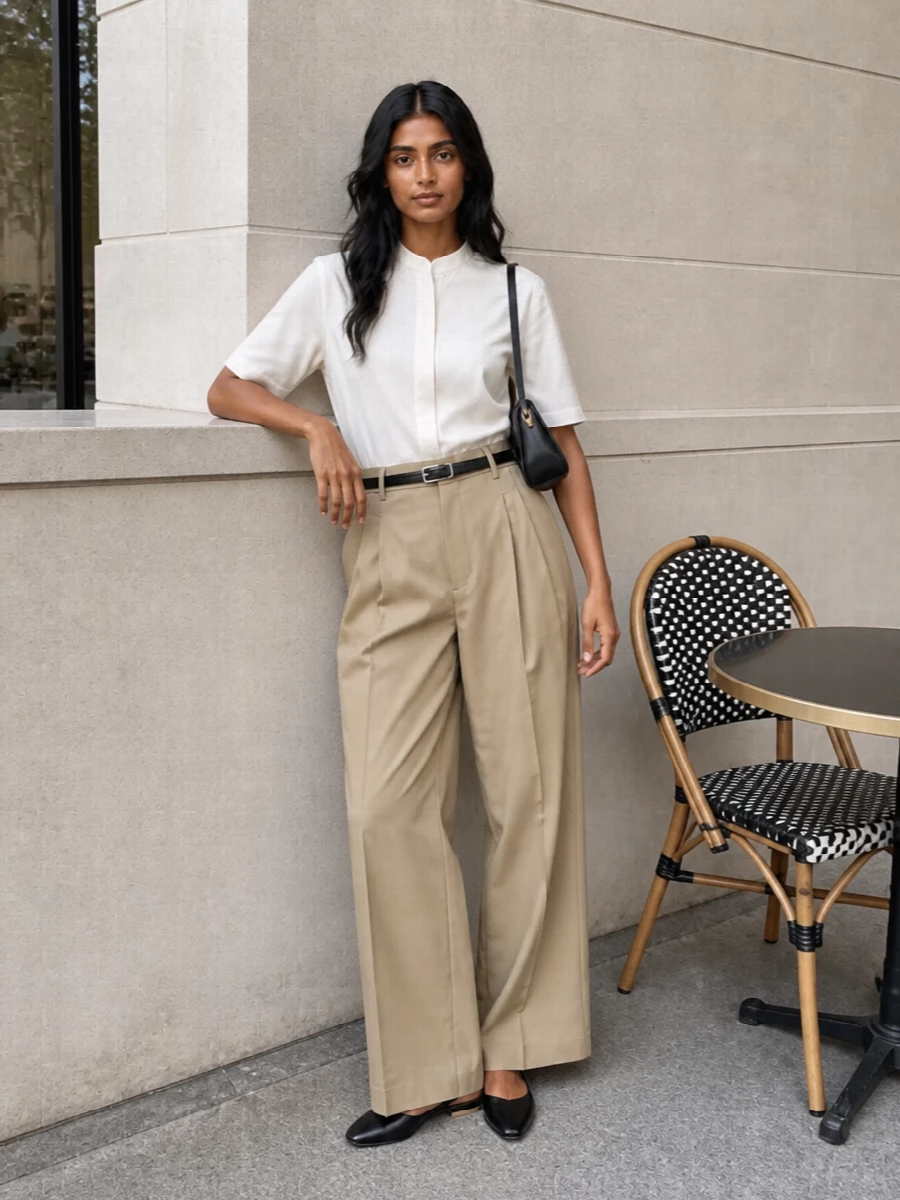 Ami paris white shirt camel wide leg trousers