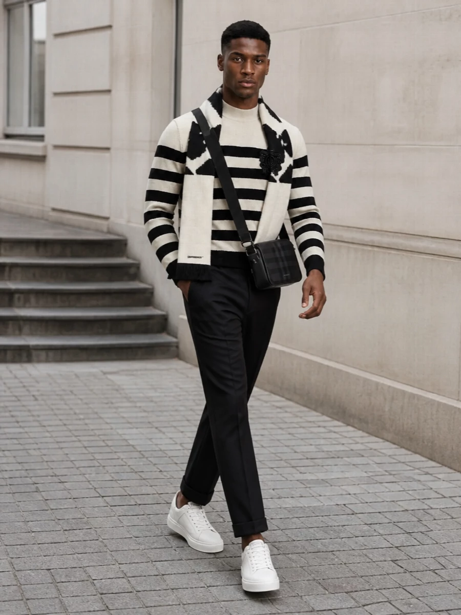 Breton stripe sweater black trousers outfit